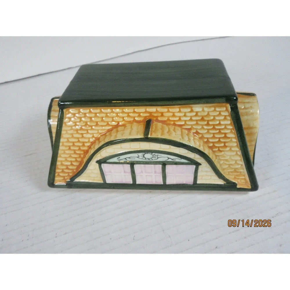 Fitz and Floyd Ceramic Cottage House Cookie Jar Replacement Lid Green Tan Roof